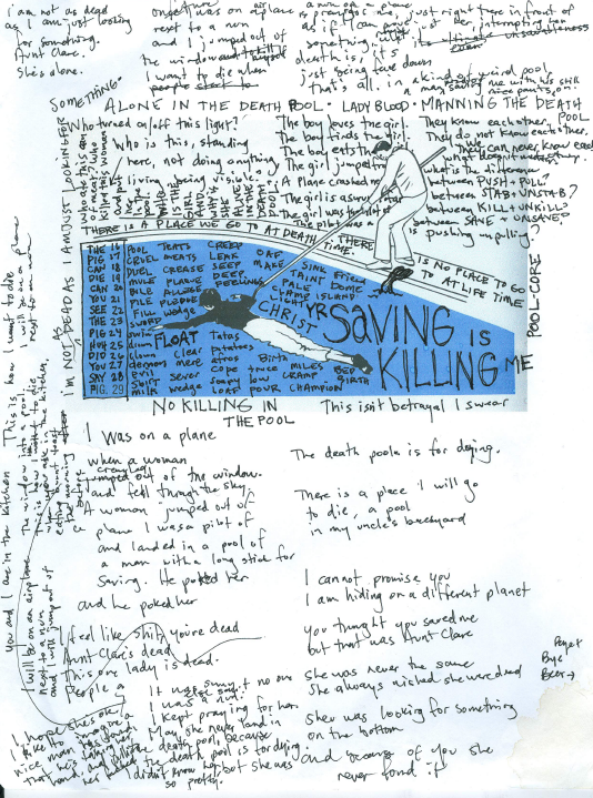 DEATH POOL FOR DYING
I am right now hiding on a different planet from something I don’t know on a different planet. I sleep underneath the bed to pretend I’m in a coffin and that you are looking for me. You are so sad without me that you become a paper swan. A nun once sat next to me on a crashing plane and prayed that I wouldn’t die, and when I didn’t die, I had to eat her. We think the sun is at its most beautiful when it is going down, going away, but it’s not actually doing either of those things. I get myself in face-down position. Look, the sea is so see-through and there are no waves in the sea. On the side of the sea, my dad is saving me with his pants on.
***
This is the poem, and the notes I wrote for the poem, for the Pocket Notes event, Pocket Tones/Exile Water, that is going to happen on Friday Night (I just told you about it in that last post). This isn’t what I have in Pocket Notes #2–I wrote this just for Friday night.