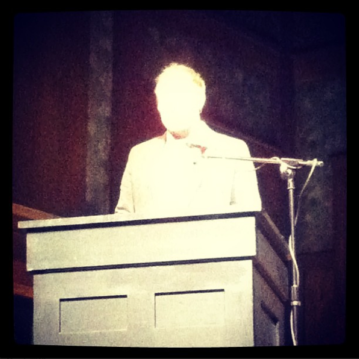 Last night, at the Oregon Book Awards ceremony , I got to go up on stage because Joanna Klink, who announced the winners of the Poetry category, said my name and the name of the book of poems I wrote called Fjords vol. 1 . I won the 2013 Oregon Book Award for Poetry! The judge was Mary Jo Bang.
Here’s a quick summary of what I remember saying once I got up there: Wow, this is so exciting. I have this fantasy of stepping over a chair when I win an award. So that is what I did. But my legs feel empty now so that wasn’t graceful. And (to the guy in the front row), I’m sorry about stepping on your nice hat. I’m glad these clothes didn’t turn out to be a bad omen (pointing to my jacket and tie and sweater). I wore them two years ago for when Scary, No Scary was nominated but didn’t win. When I put the jacket on today I noticed that my old name tag that says Finalist on it was still in there so I pinned it on (pointing now to both name tags on my jacket). (At this point I realize how I’m just rambling and hamming it up and haven’t said a single thing yet)(I forgot to say the joke I was going to say about thanking the person whose living room we were in (we were on a stage designed to look a little like a living room) and how I’m worried if those people would come home too early and find us in their living room and get mad)(Also I was going to take a picture from up on stage of everyone in the crowd and then look at it and say oh that guy in the 18th row has his eyes closed so let me try again because that is a good joke, but I forgot that too). I won on the second try so I’m doing better than Larry Colton (Larry Colton accepted the Lifetime Legacy award earlier and said he never won an Oregon Book Award)(I saw him laugh so that was a relief). Anyway, that poem (Joanna read a poem to the audience from Fjords called “Building of Unseen Cats”) was a true story. My building on 37th and Belmont almost burned down a while back. These poems were written entirely in Oregon, after I moved here in 2008, the first book of mine in which I can claim that, so I’m so proud that it won this particular award. Many of the poems are transcribed from the dreams of many of my friends in Portland, so I’d like to thank them, especially Emily Kendal Frey, who helped usher those dreams and these particular poems into existence. Also, all the poetry books on this year’s finalist list were published by independent presses, and most of them small presses. I’m so happy to be a part of that list, to represent small press, and to be part of the acknowledgement that small press is alive and well. And thank you to Mary Jo Bang and Oregon Literary Arts.
That’s pretty much what I said. I said it all inside a bright light. And then I walked back into a room where I imagined the dead go, and that I had just died, and everybody was congratulating me on such a good death.