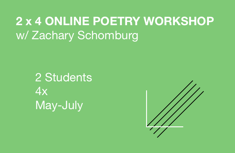 In May, June and July of 2018, I will host multiple 4-week poetry workshops via Google Hangouts. Each workshop is capped at 2 students of any level. Together, the three of us will arrange a time for a weekly 1-hour online workshop. The first 20 minutes of that hour will be spent in Google Docs building commentary on both new poems by both students. The remaining 40 minutes will be spent workshopping both poems live via Google Hangouts. The main focus will be to sustain a poetry writing practice for the month. After each meeting, I'll give both students a prompt to complete for the week, one that addresses some aspect of poetry writing brought up in our conversation. Because each workshop is capped at 2 students, each student gets about 30 minutes of focused attention on their own new work at each meeting. The workshop is 4 total weeks. Meeting times TBD. $200 total per person for 4 weeks Contact me to reserve your spot: zacharyschomburg@gmail.com