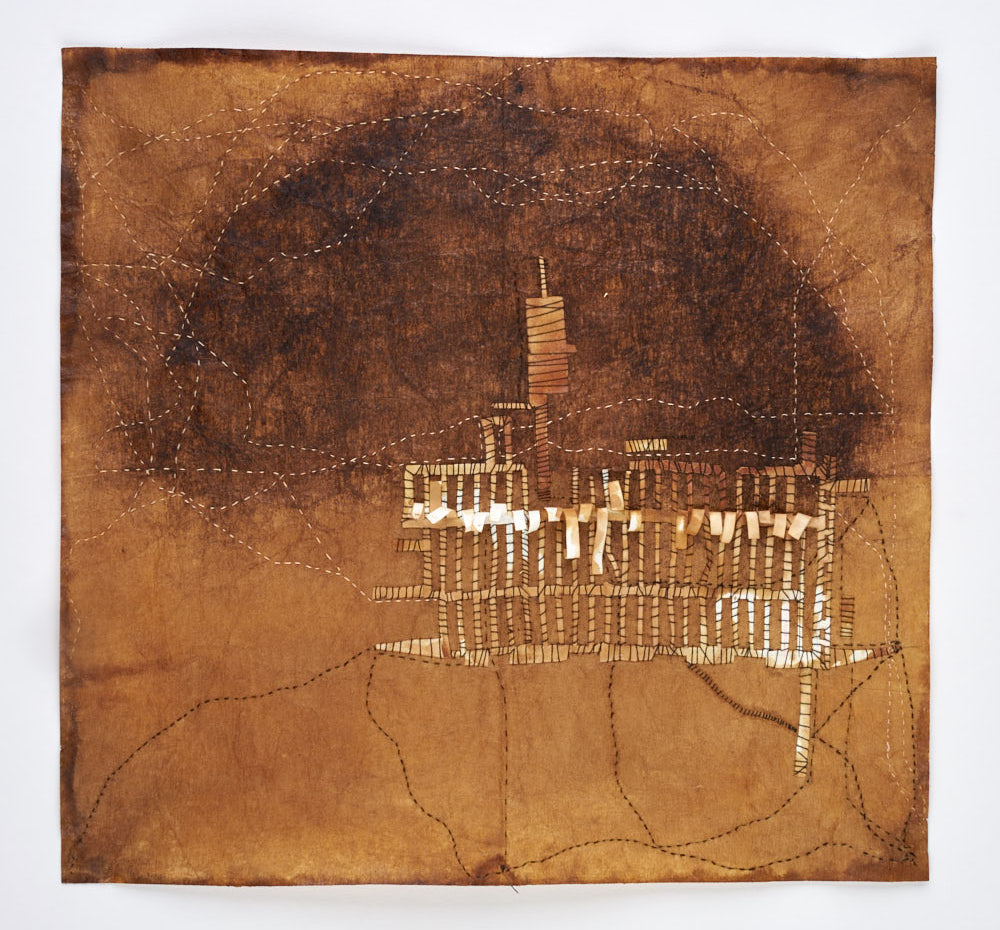 Ortu I Framed: 19 x 19 inches Coffee filter, thread, ledger paper, tea dye
