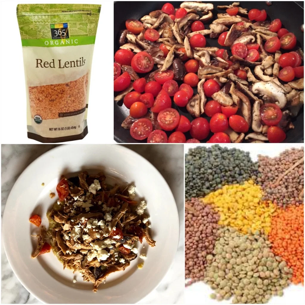 Lentils with Chicken, Shiitake Mushrooms, Walnuts and Feta