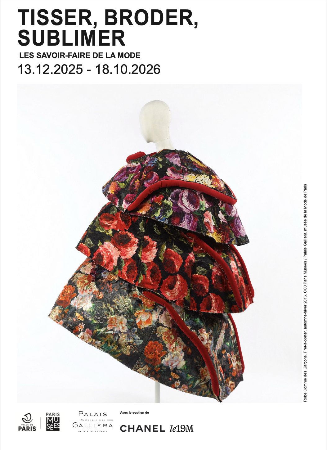 title of the exhibition Weaving embroidery embellishing  Palais Galliera with a floral dress on a mannequin fashion exhibition paris fashion experience tours