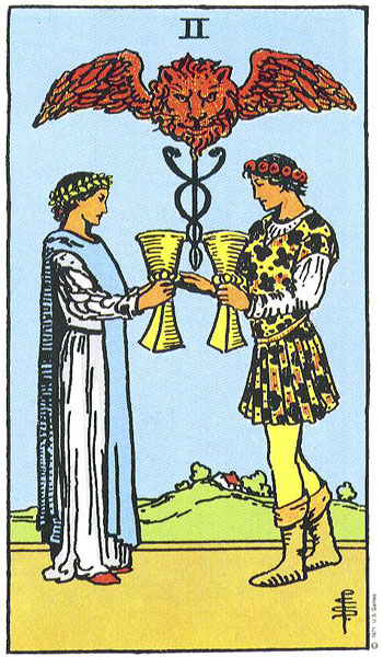 The Two of Cups is all about soulmate relationships. The caduceus is symbolic for Archangel Raphael, the Archangel of soulmates. 