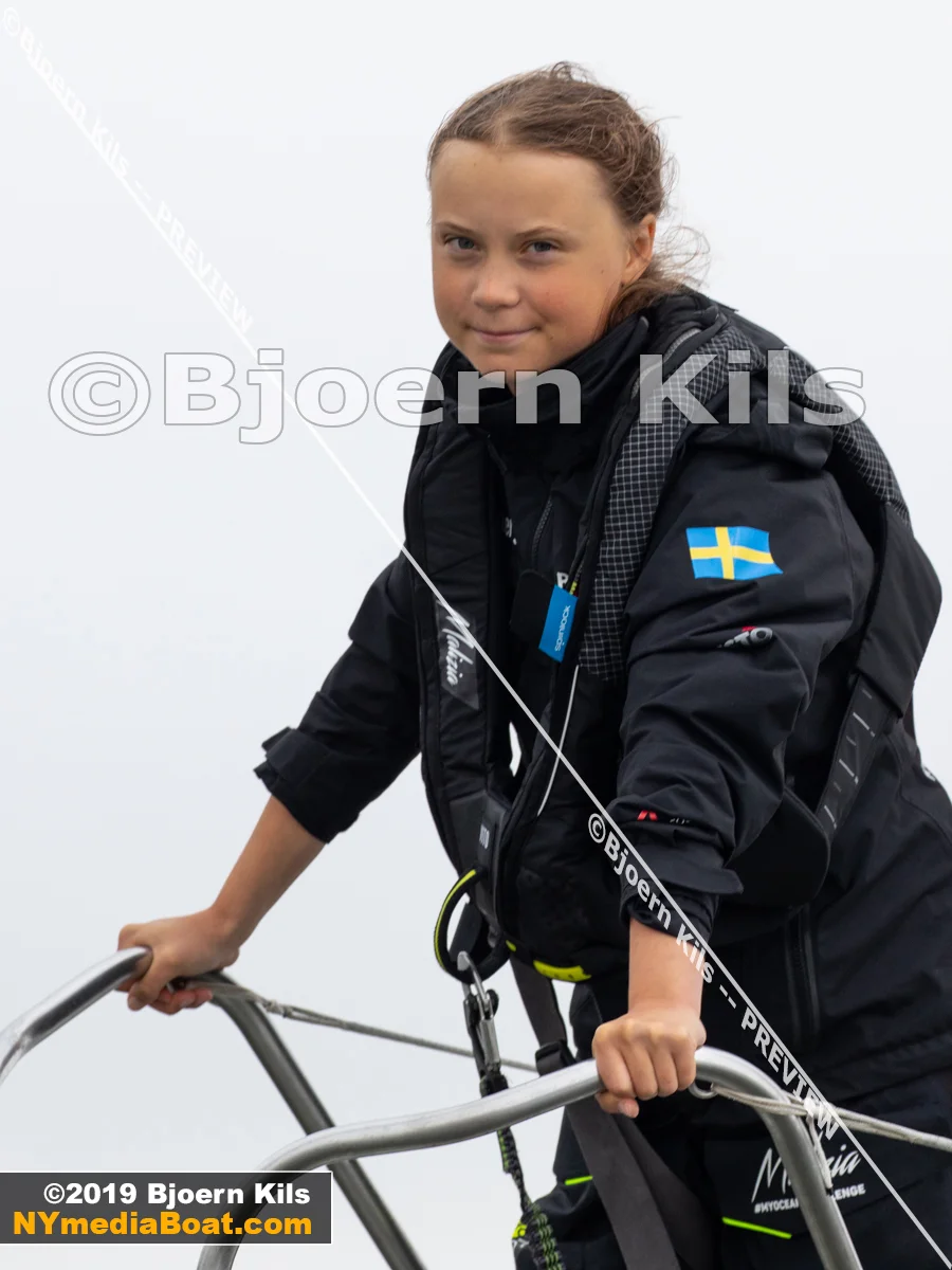 Greta Thunberg at the bow of Malizia II