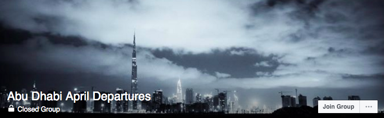 Facebook groups are often started for groups of people traveling to a particular destination. Ignore the fact that this group's name is "Abu Dhabi April Departures" while the group photo is of Dubai's skyline.