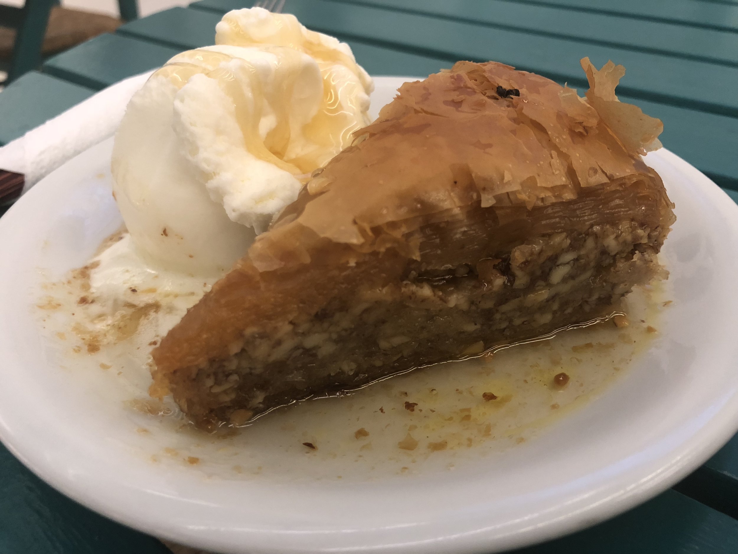 Hot baklava a la mode served in Mykonos Town