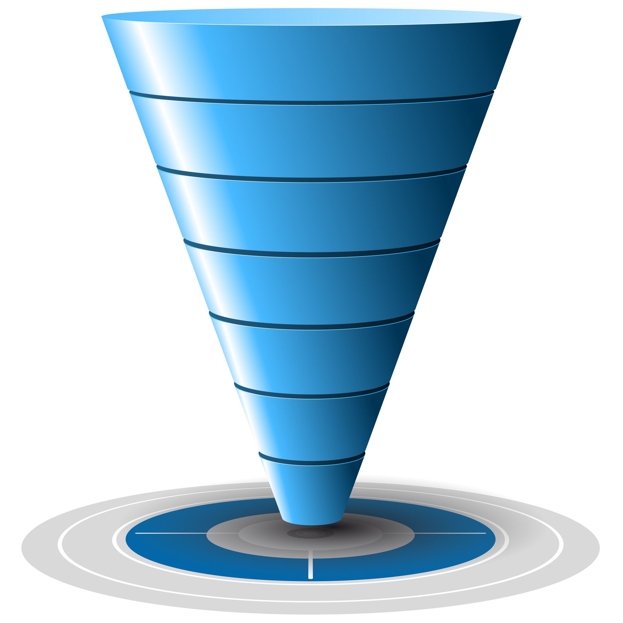 16461459 - conversion or sales funnel easily customizable, from 1 to 7 levels plus on target, vector graphics blue tones