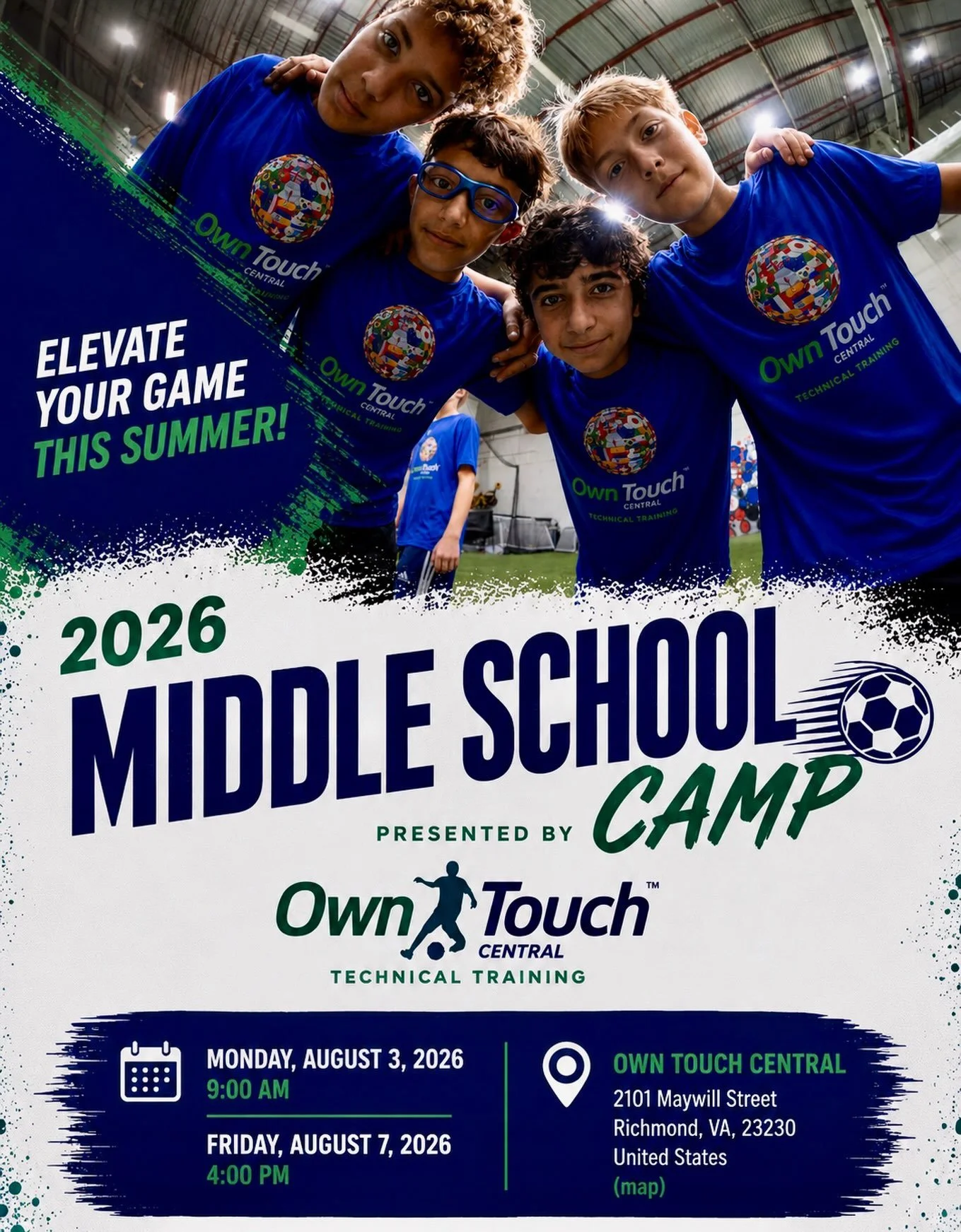Ready to take your game to the next level?

Our 2026 Middle School Camp is designed for rising and current middle school players who want to train in a fast-paced, challenging, and fun environment while building confidence on the ball.

Throughout th