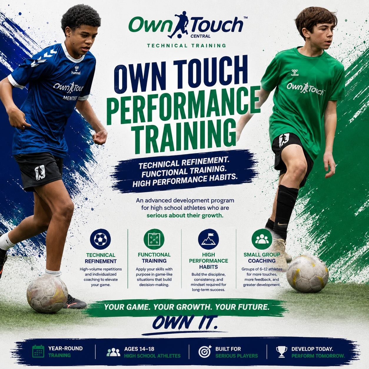 High school soccer players demands more than ever before!

As athletes get older, team training becomes more tactical, schedules become busier, and opportunities for individualized technical development become harder to find.

Own Touch Performance T