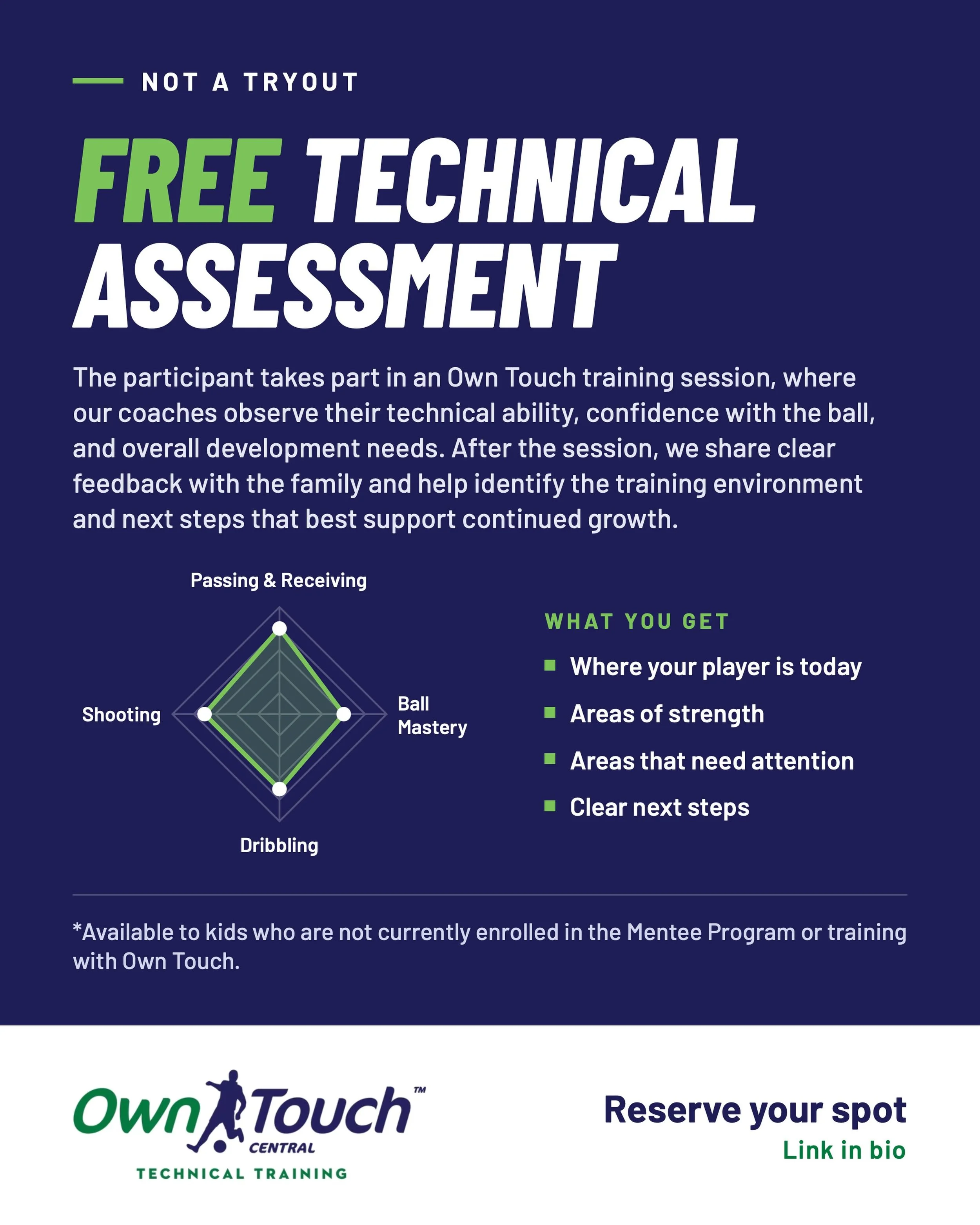 Not a tryout! Just a FREE assessment! 

A clear look at where your child is technically today.

Every player develops differently. During the session, our coaches look at ball mastery, dribbling, passing &amp; receiving, juggling, and shooting &amp; 