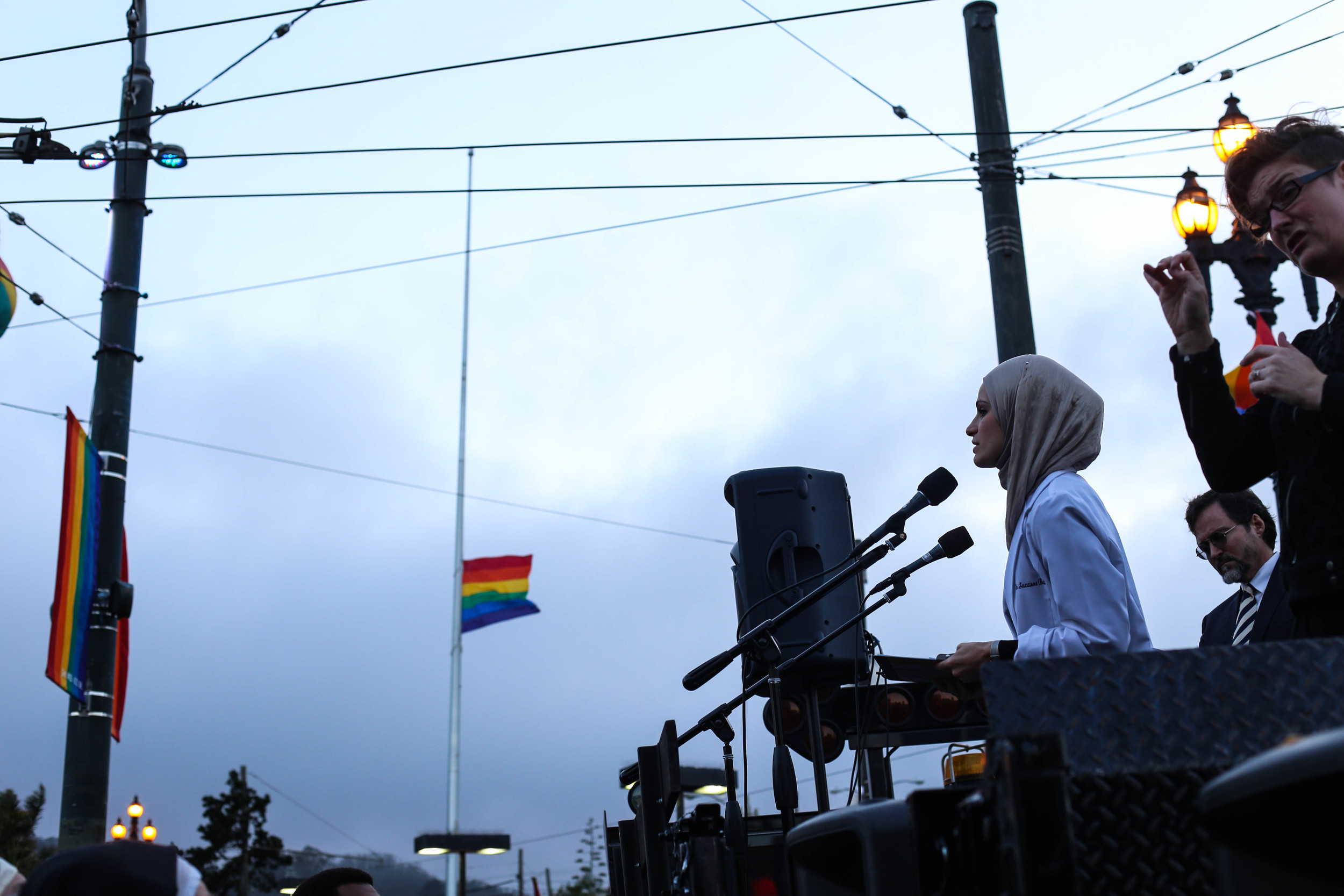 Suzanne Barakat speaks as hundreds gather during a vigil in Harvey Milk Plaza to remember the victims of the Orlando shooting. 