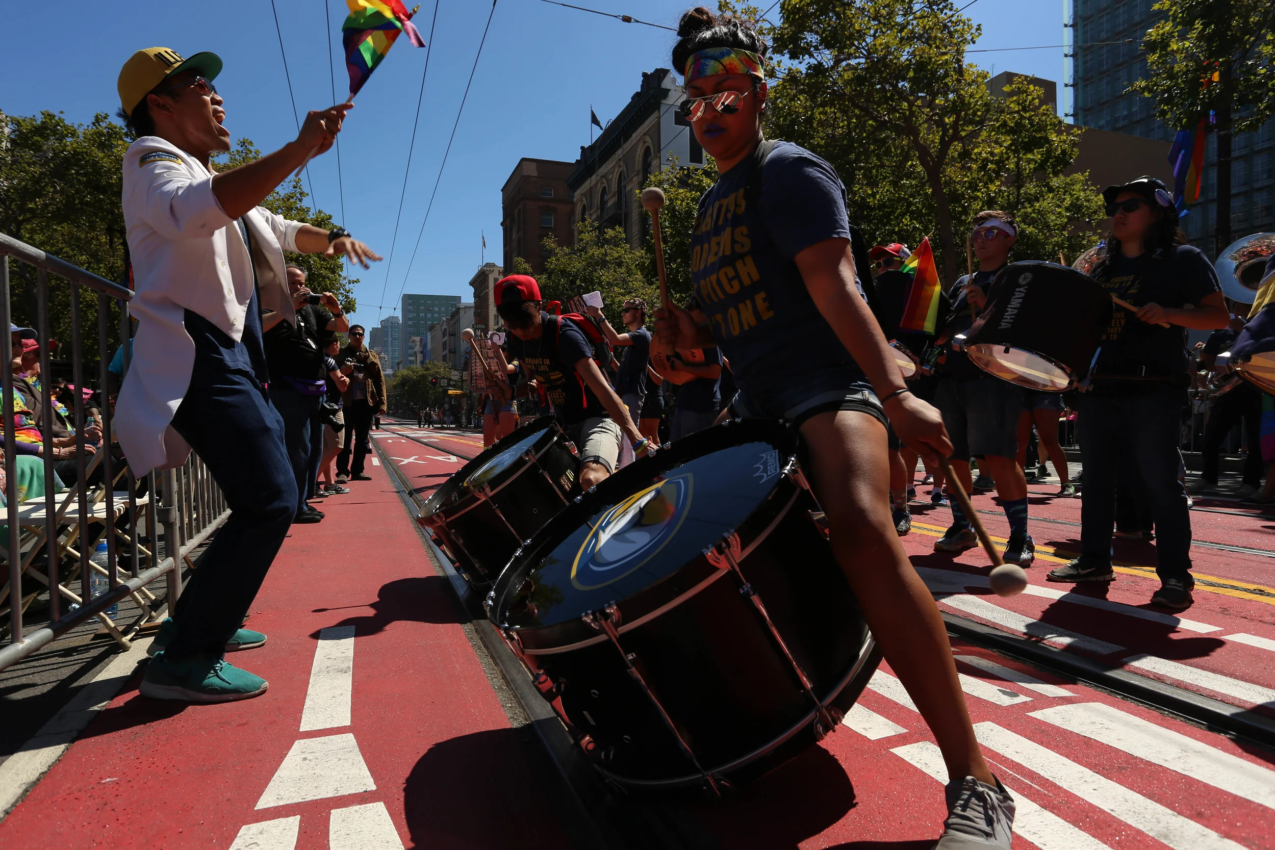 The California Aggie Marching Band stops to perform for the crowd as thousands gathered to celebrate Pride in San Francisco, Cali. Sunday, June 26, 2016.