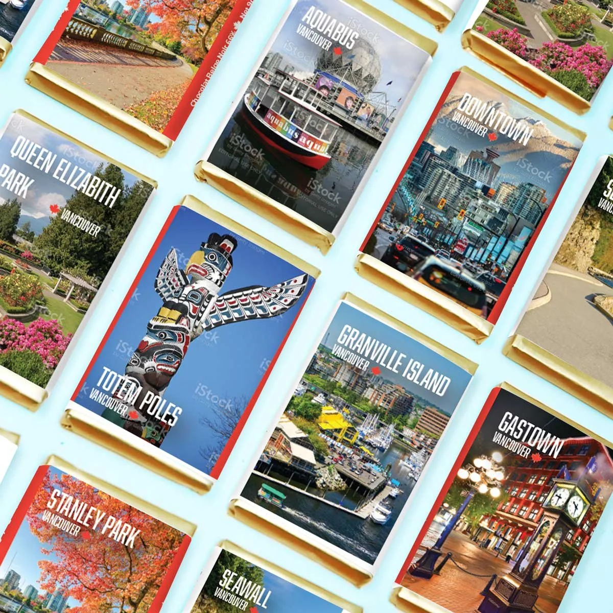 Tourism chocolate packages with Vancouver landmark illustrations