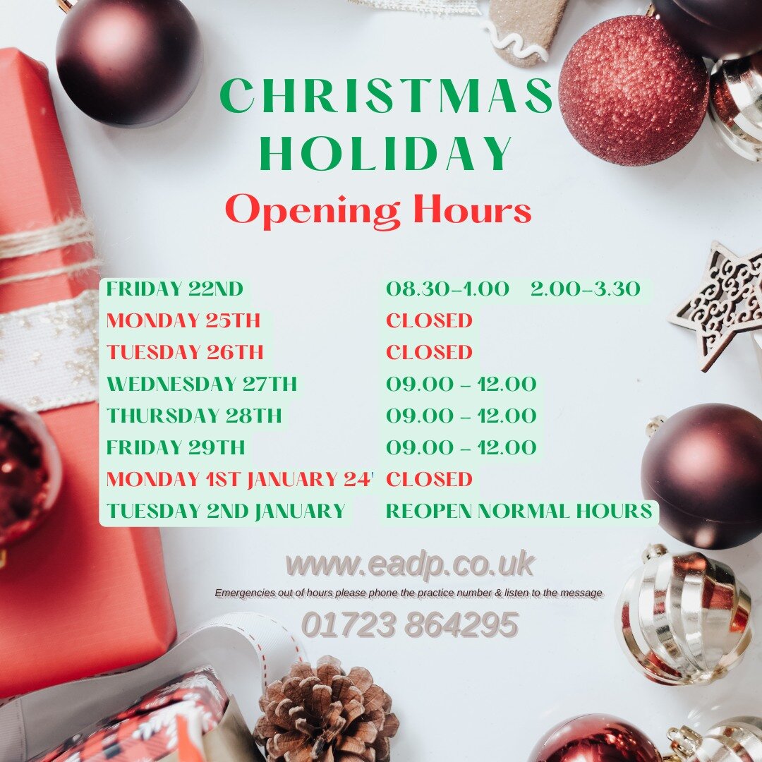 🎄Christmas Holiday Opening hours🎄
We will be open Wed/Thurs/Fri 27th, 28th, 29th 9am-12pm 
(please phone before 10am)

Emergencies out of hours please ☎ 01723 864295☎ &amp; listen to the message for details of how to contact the 'on-call' dentist

