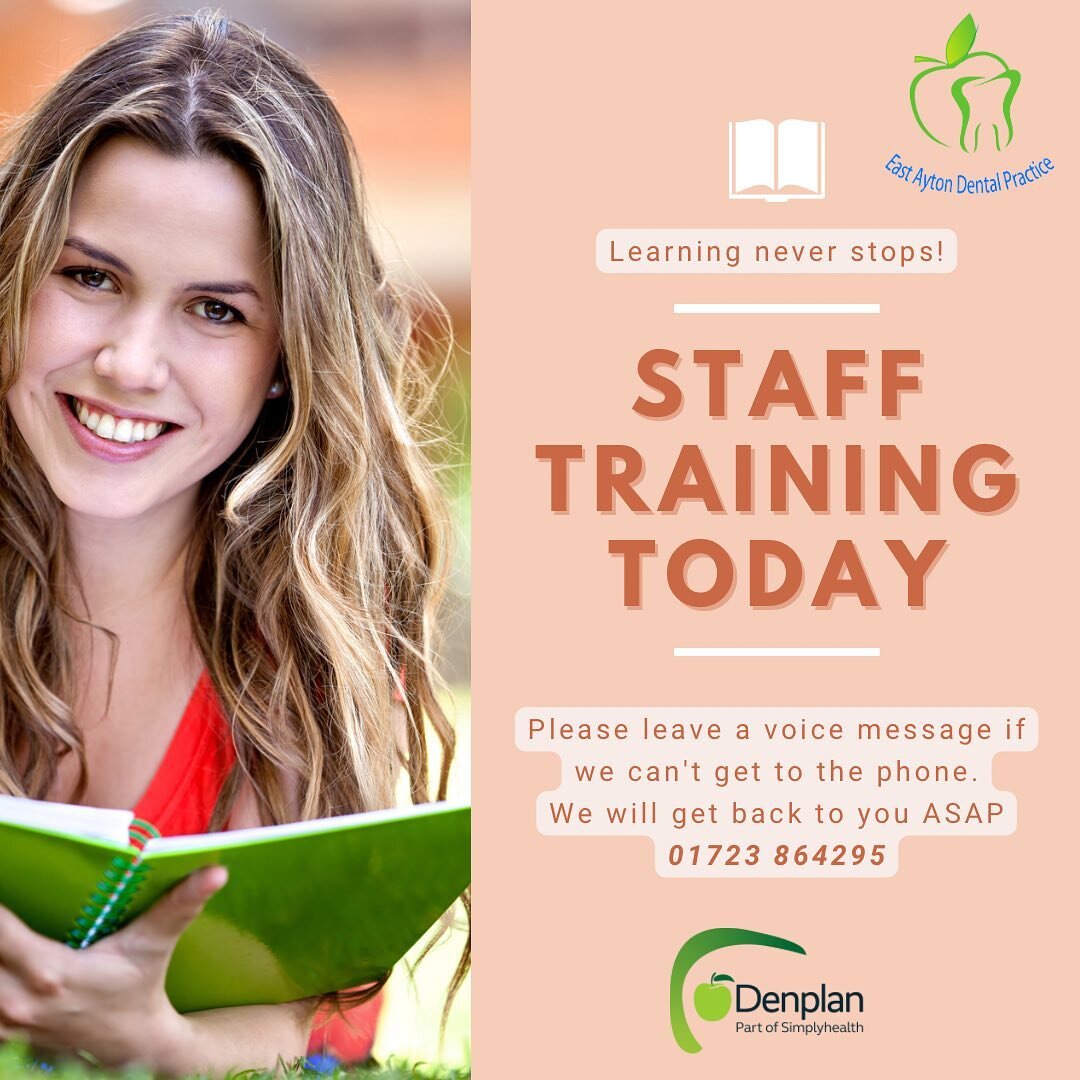 PLEASE NOTE Staff training all day today 10am-5pm. Phones will be monitored but please leave a voice message &amp; we will get in touch during breaks throughout the day ☎️ 01723864295

#denplan #denplantraining #stafftraining  #practicenotice #patien