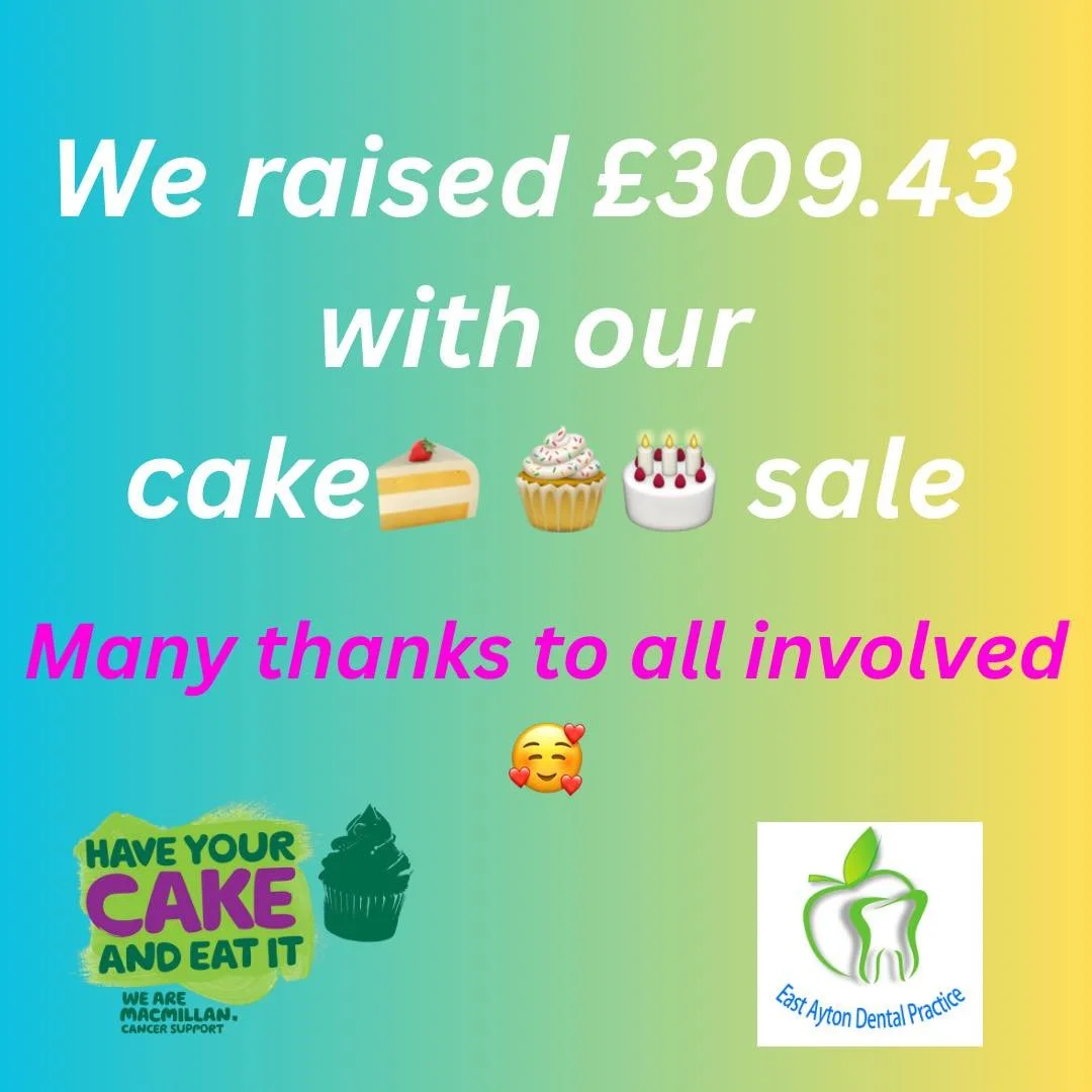 &pound;309.43 raised for macmillancancer with our cake 🍰 sale here East Ayton Dental Practice 
Many thanks to all who took part 🥰

#macmillancancersupport #charityevents #eastaytondental  #eastaytondentalpractice