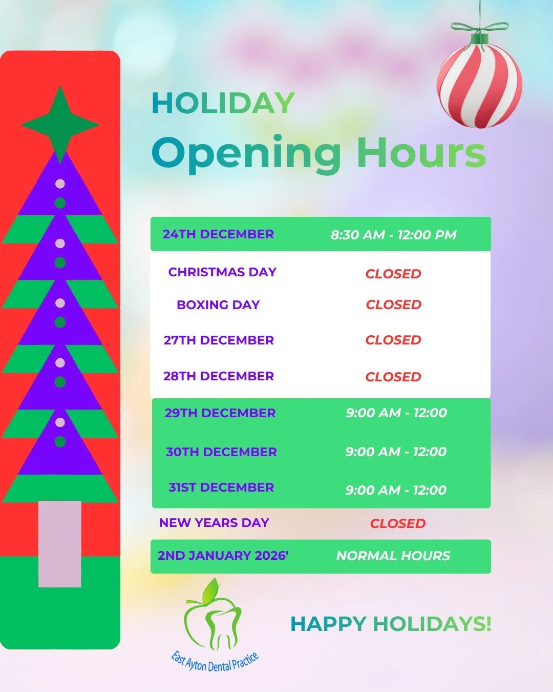 🎄🎉Holiday Opening hours 26'-26'🎊🎄
We close 12pm on Christmas Eve, re-open the mornings of 29th, 30th, &amp; 31st Dec (9am-12 for emergencies) then reopen as normal on January 2nd 2026.
Emergencies outside these hours please phone☎ the practice &a