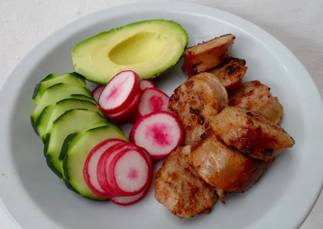  Local pork sausage, cucumber, radish and avocado 