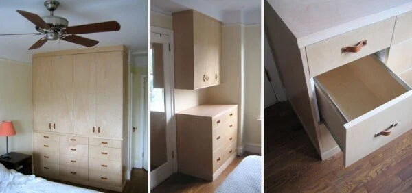 MADE OF MAPLE PLYWOOD, THESE BEDROOM CABINETS INCLUDE FILE DRAWERS