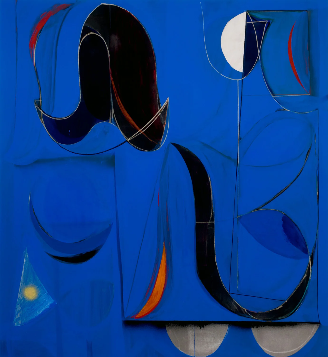 Thelonius Monk Plays Locomotive , 2014-2015, vinyl, acrylic, chalk & collage on muslin, 170 x 157.5 cm / 67 x 62 in