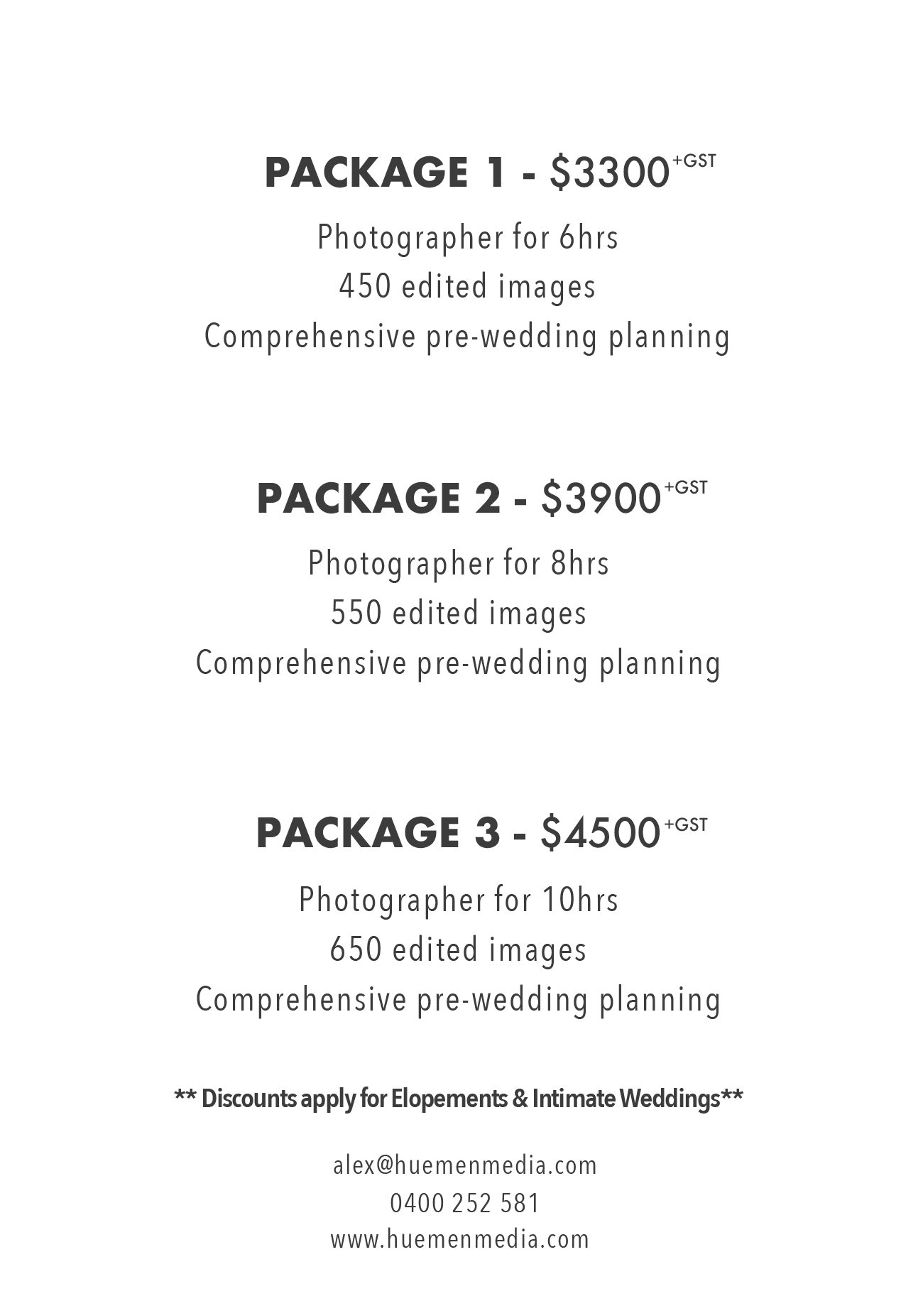 Huemen Media Wedding Pricelist