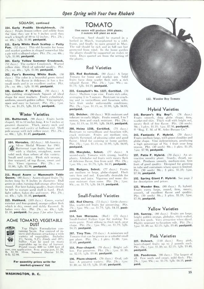 Full tomato page from the 1970 Bolgiano seed catalog - note that 14 are red, 3 are yellow, and 2 are pink.
