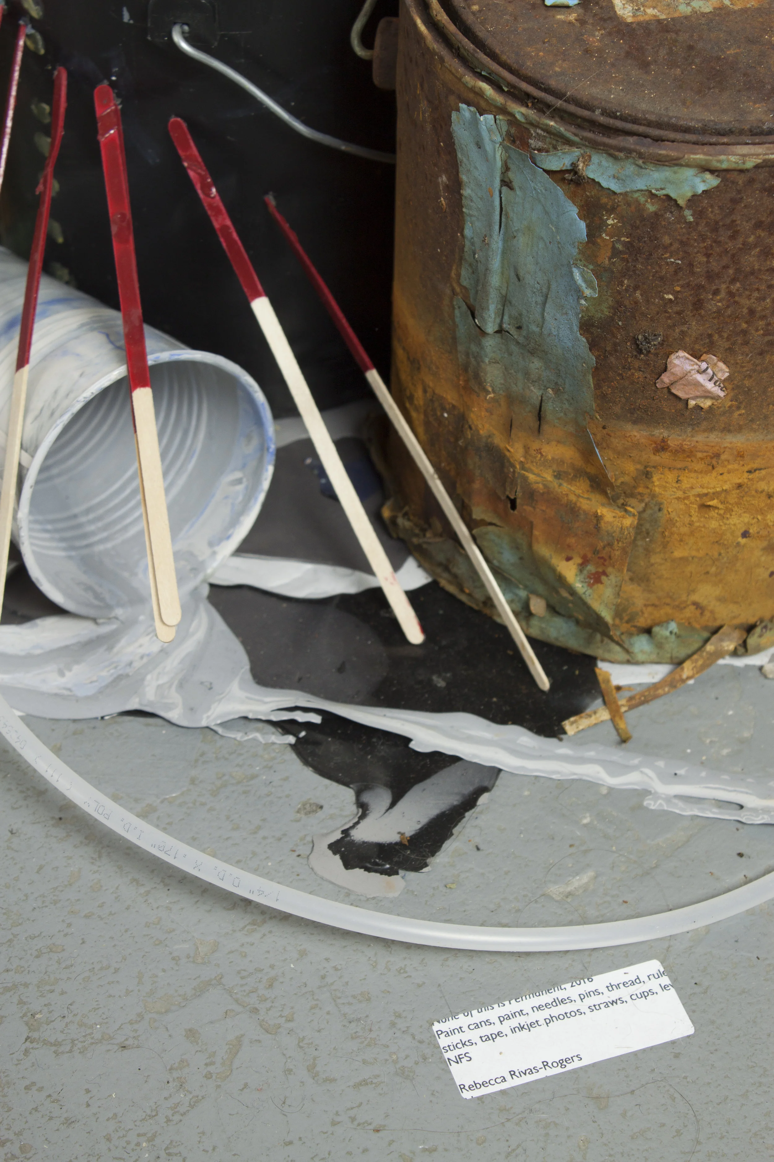 Detail. Cups, ear plugs, house paint, inkjet photos, inkjet sticker, level, needles, paint cans, pins, ruler, sticks, straws, tape, thread.