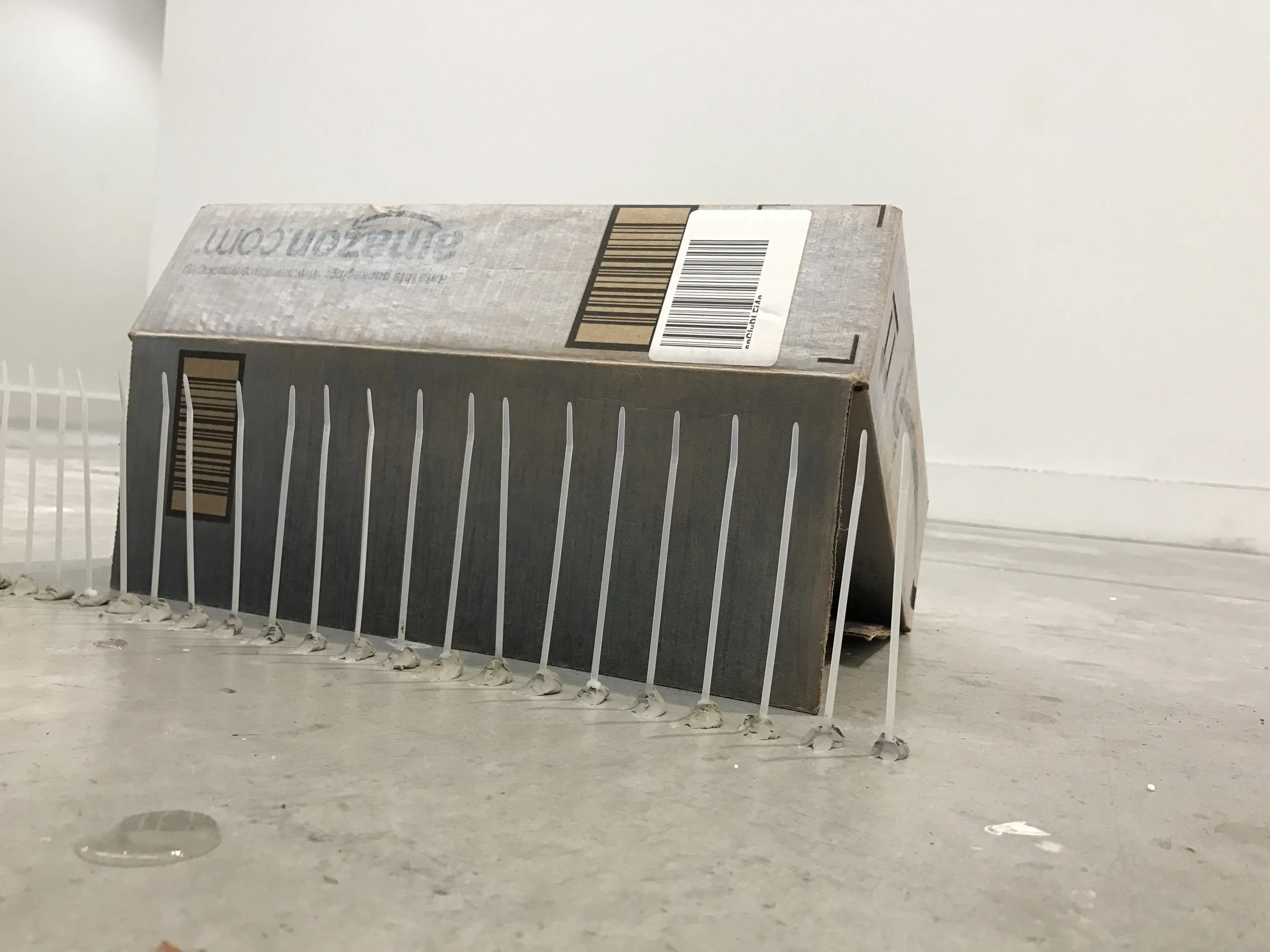  Cardboard, colored pencil, duct tape, latex paint, painters tape, plastercine, stir sticks, styrofoam, wooden skewers, zip ties. 