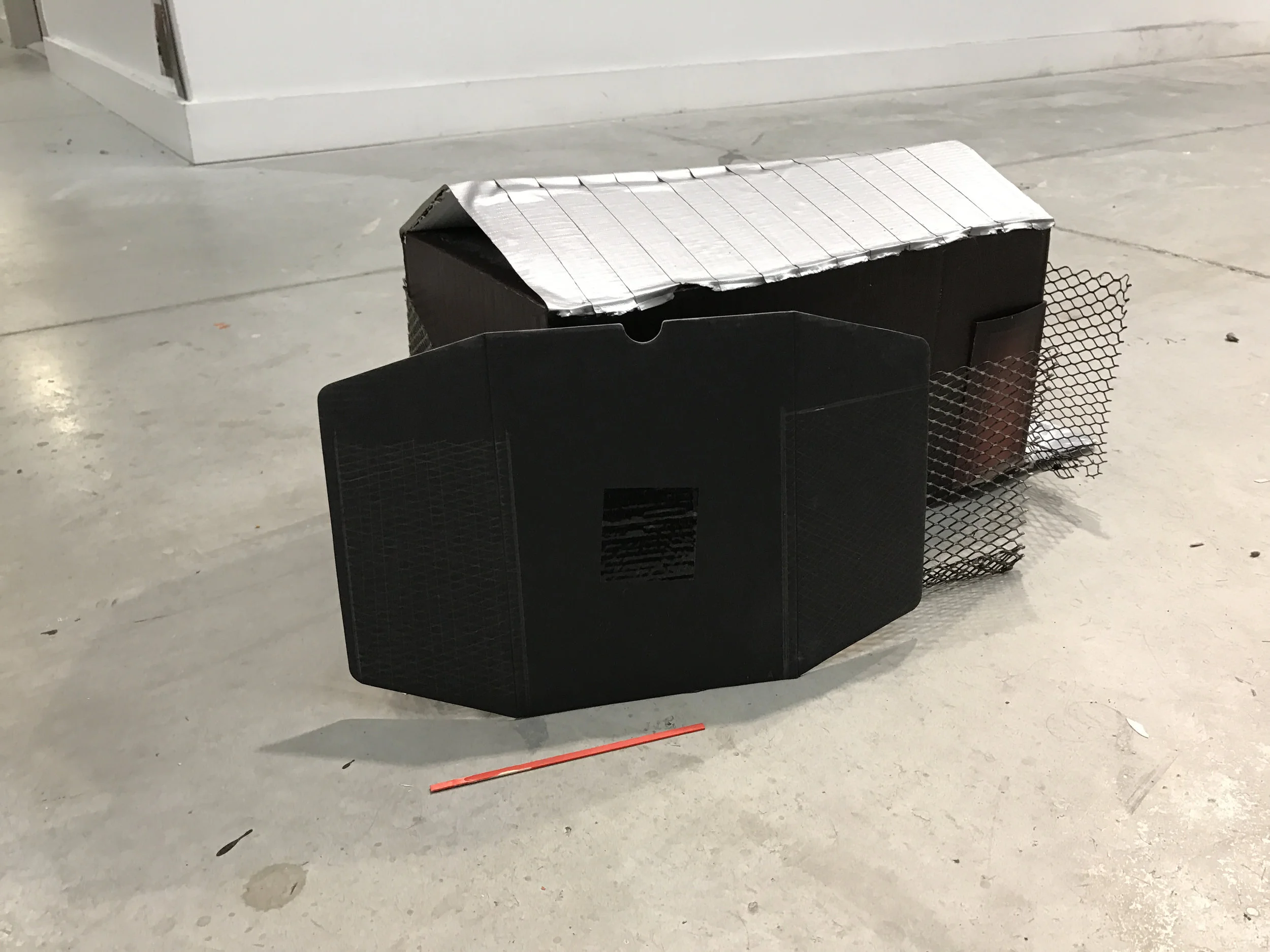  Cardboard, colored pencil, duct tape, paint, tape, plastercine, stir sticks, styrofoam, wooden skewers, zip ties. 