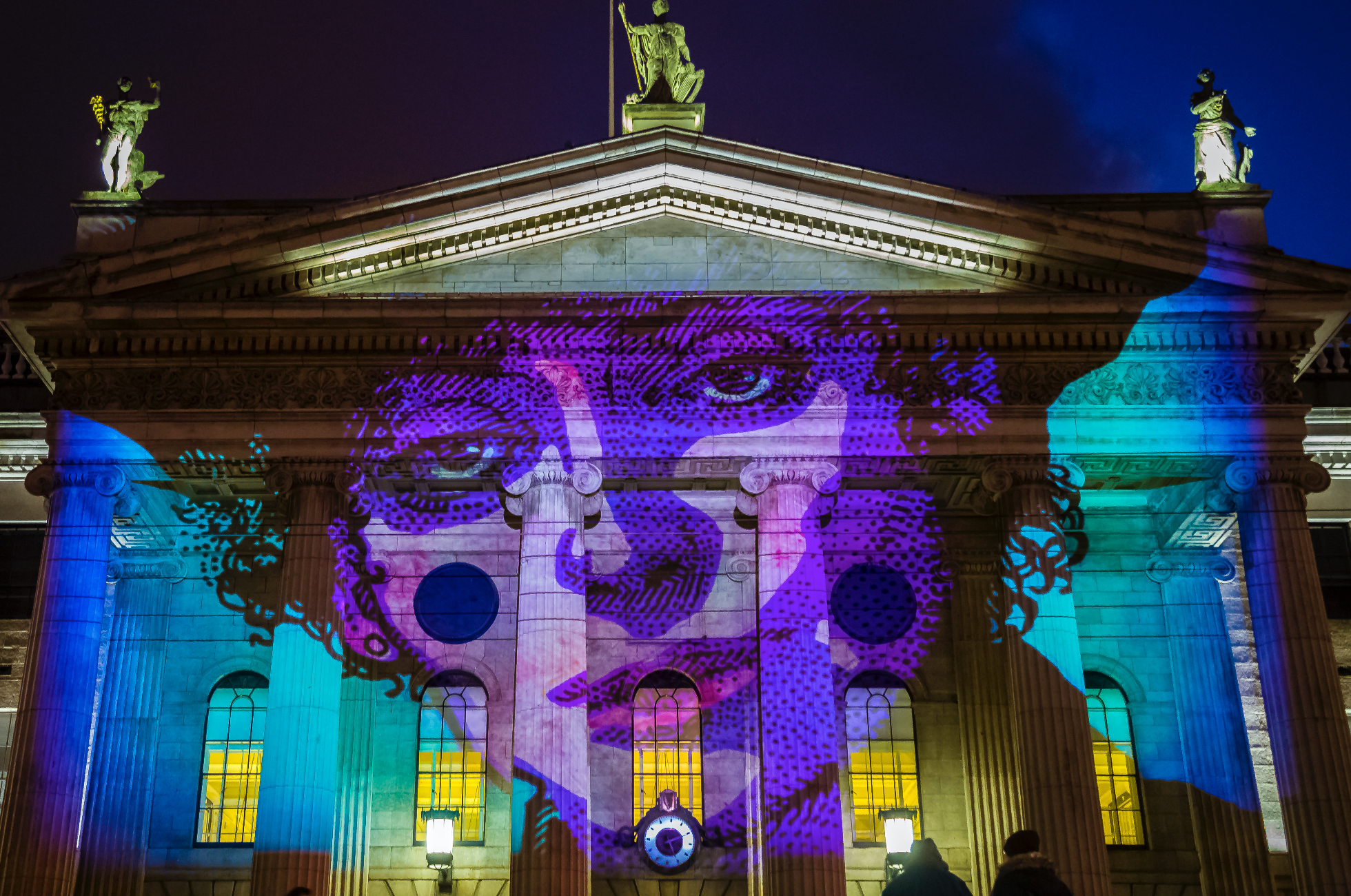 Suffragette and trade unionist Countess Markievicz, art by Jim Fitzpatrick, illuminating the GPO for the 2018 Herstory Light Festival in celebration of the centenary of the Irish Women’s Suffrage.