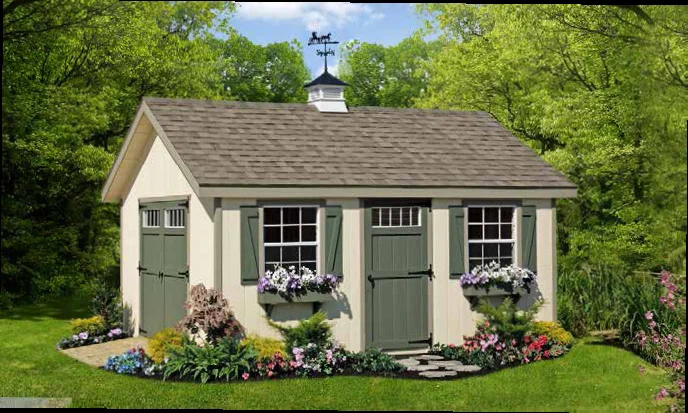 A small garden shed with greenery and flowers around it, surrounded by trees.