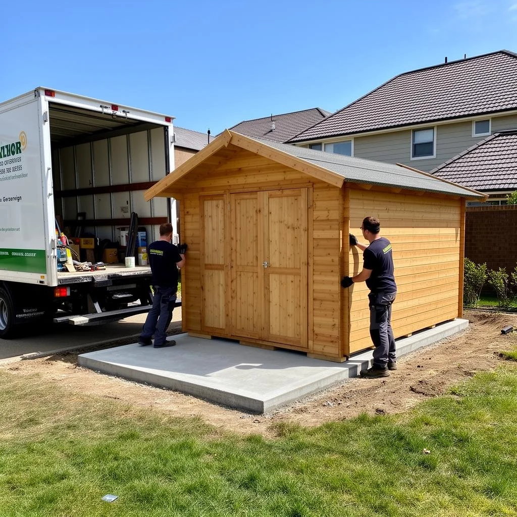 Two men installing a small wooden shed on a concrete slab in a backyard, with a truck nearby.