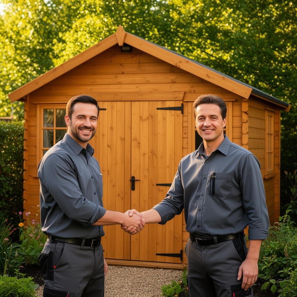Two men shaking hands in front of a wooden shed in a garden.