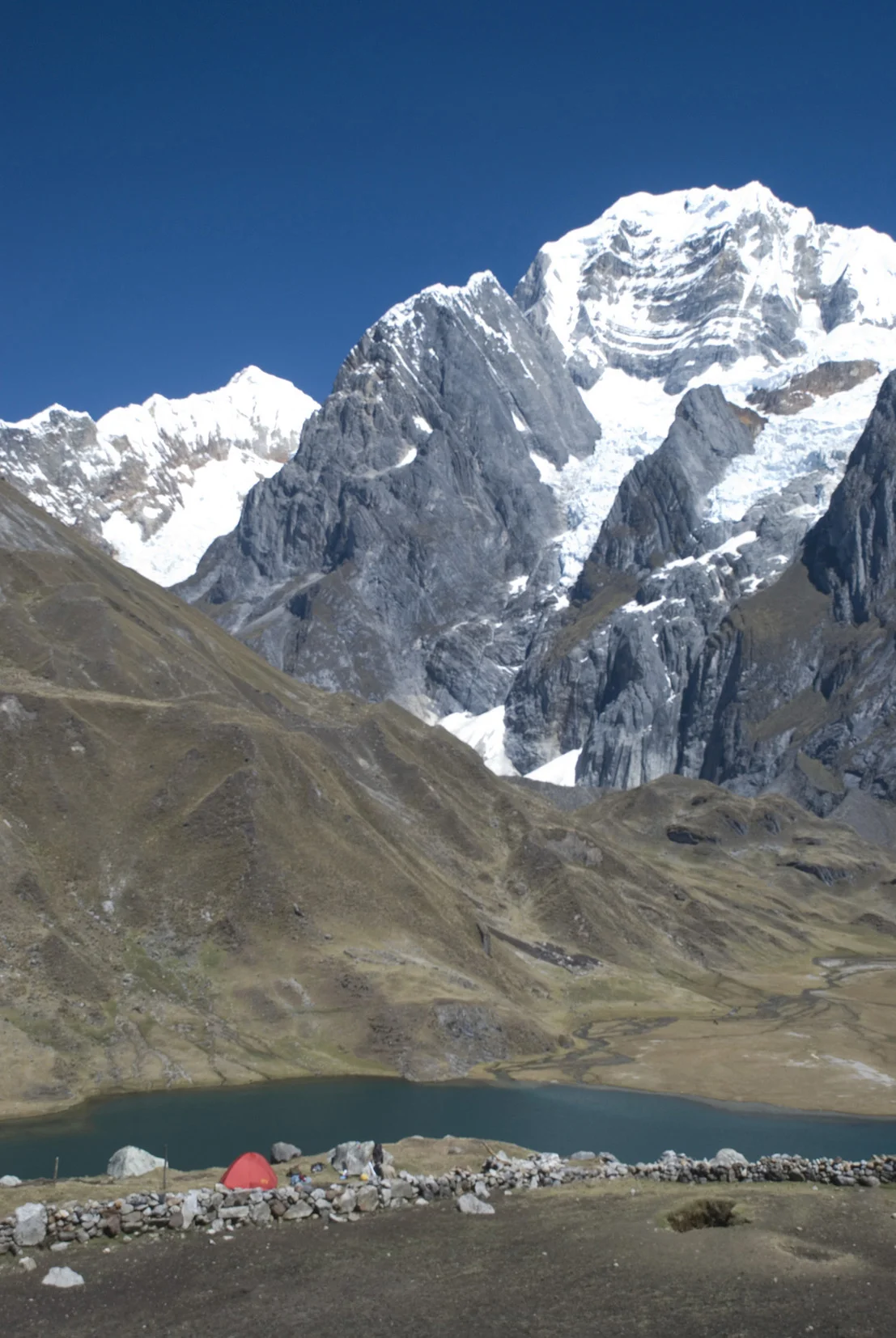 Campsite in front of Siula Mountain.