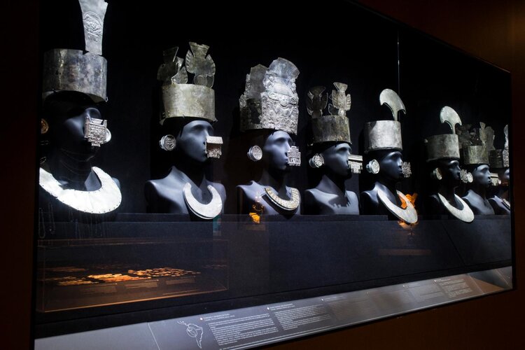 Examples of Chimu crowns and body adornments made of silver, at Larco Herrera Museum