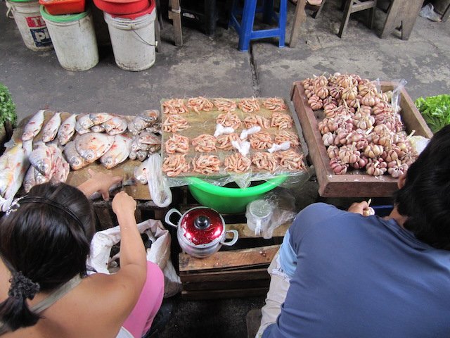 Belen Market, Iquitos - Stall with Amazon Fish, Prawns and Garlic.JPG