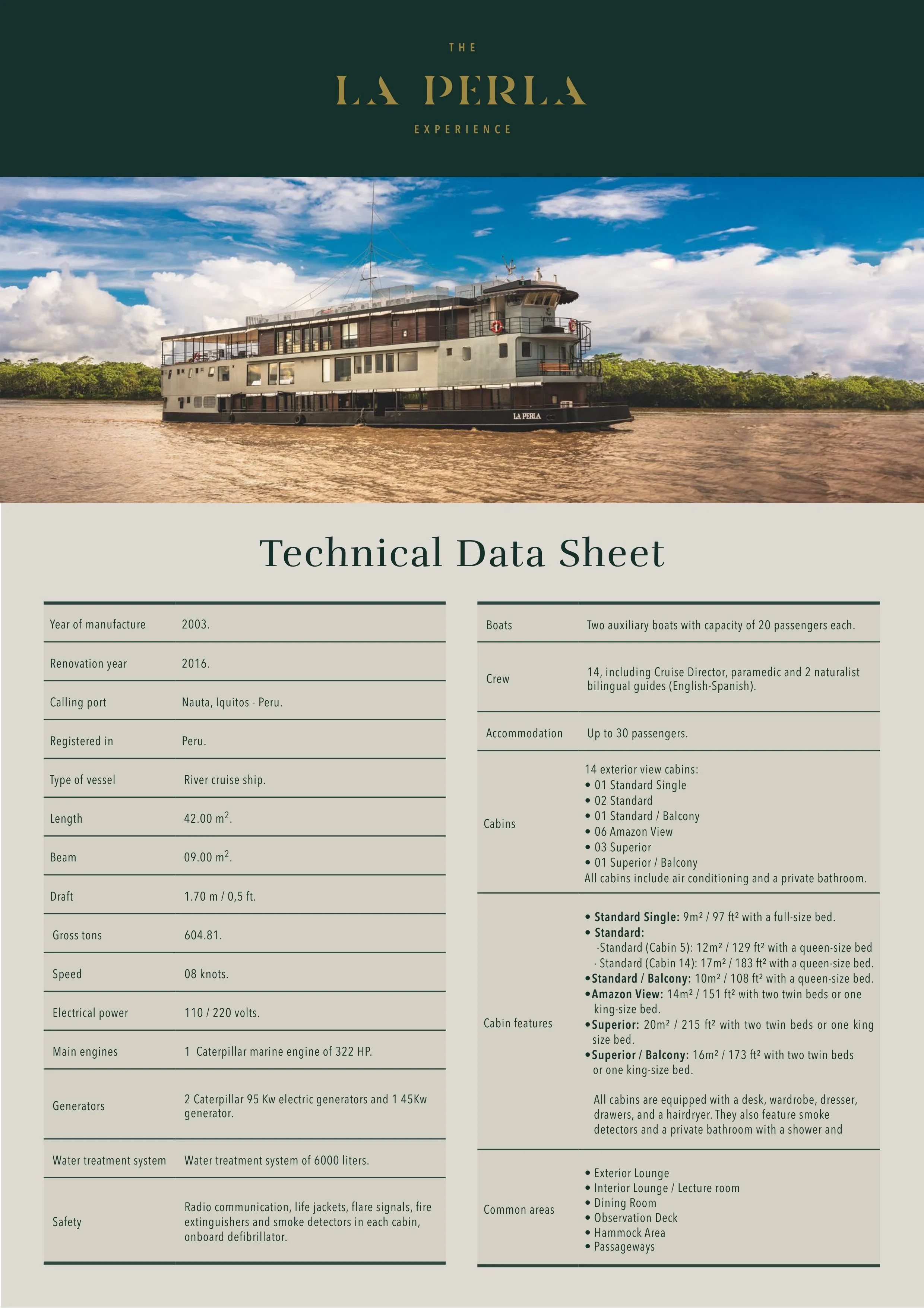 La Perla Amazon Cruise - Technical Data Sheet