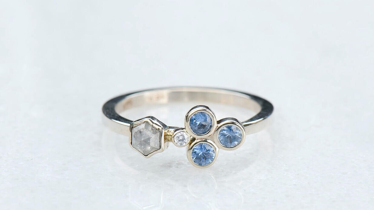 White Gold Yogo Sapphire Trio and Diamond Ring