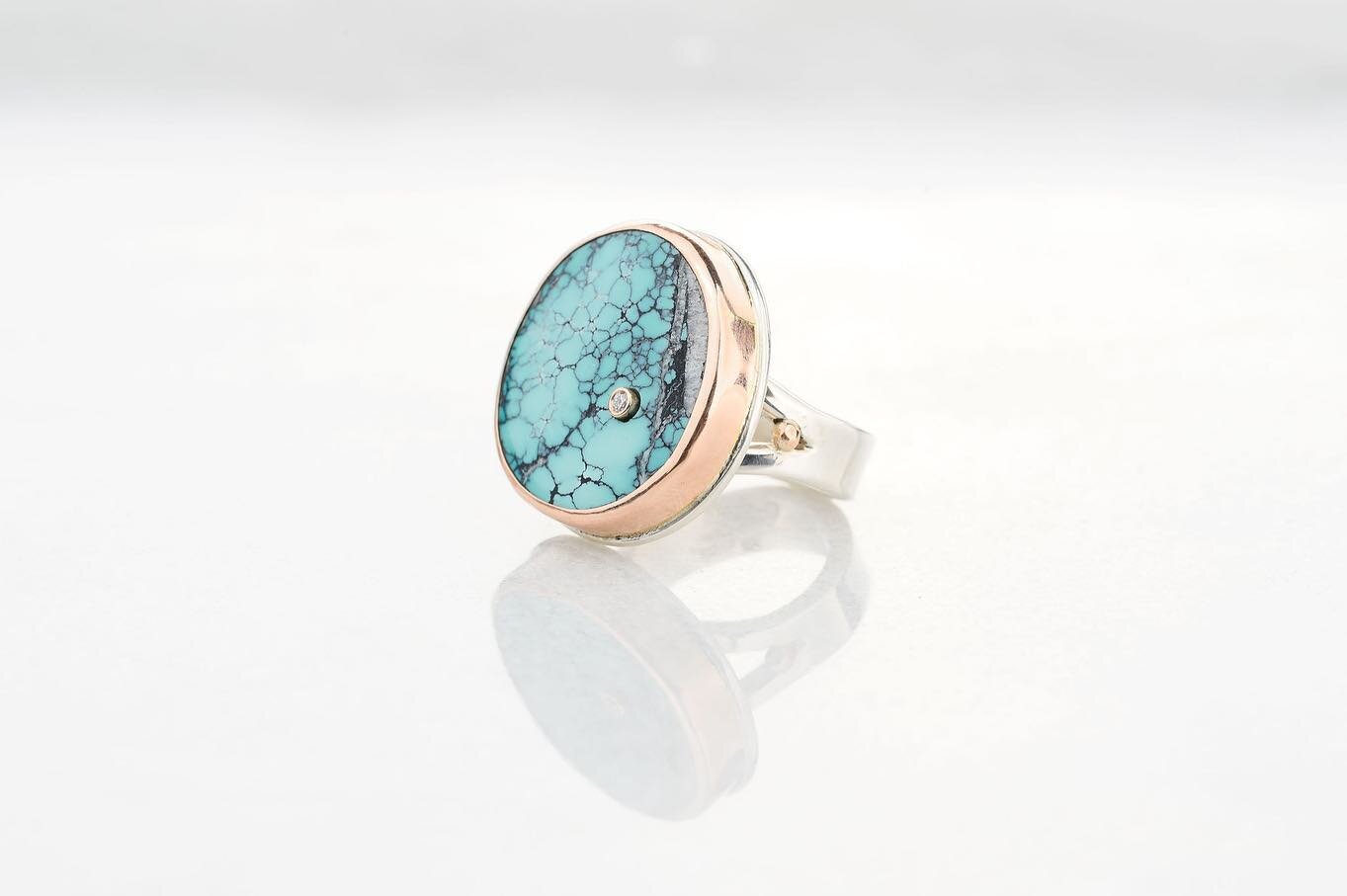 Big and Beautiful. Robin&rsquo;s egg blue turquoise surrounded by warm rose gold. This is your new statement ring. 👊🏼🦋 #ariojewelry #turquoisering #ooakjewelry #artisanjewelry #mixedmetaljewelry #rosegoldring #bohojewelry #bohochicjewelry #artisan