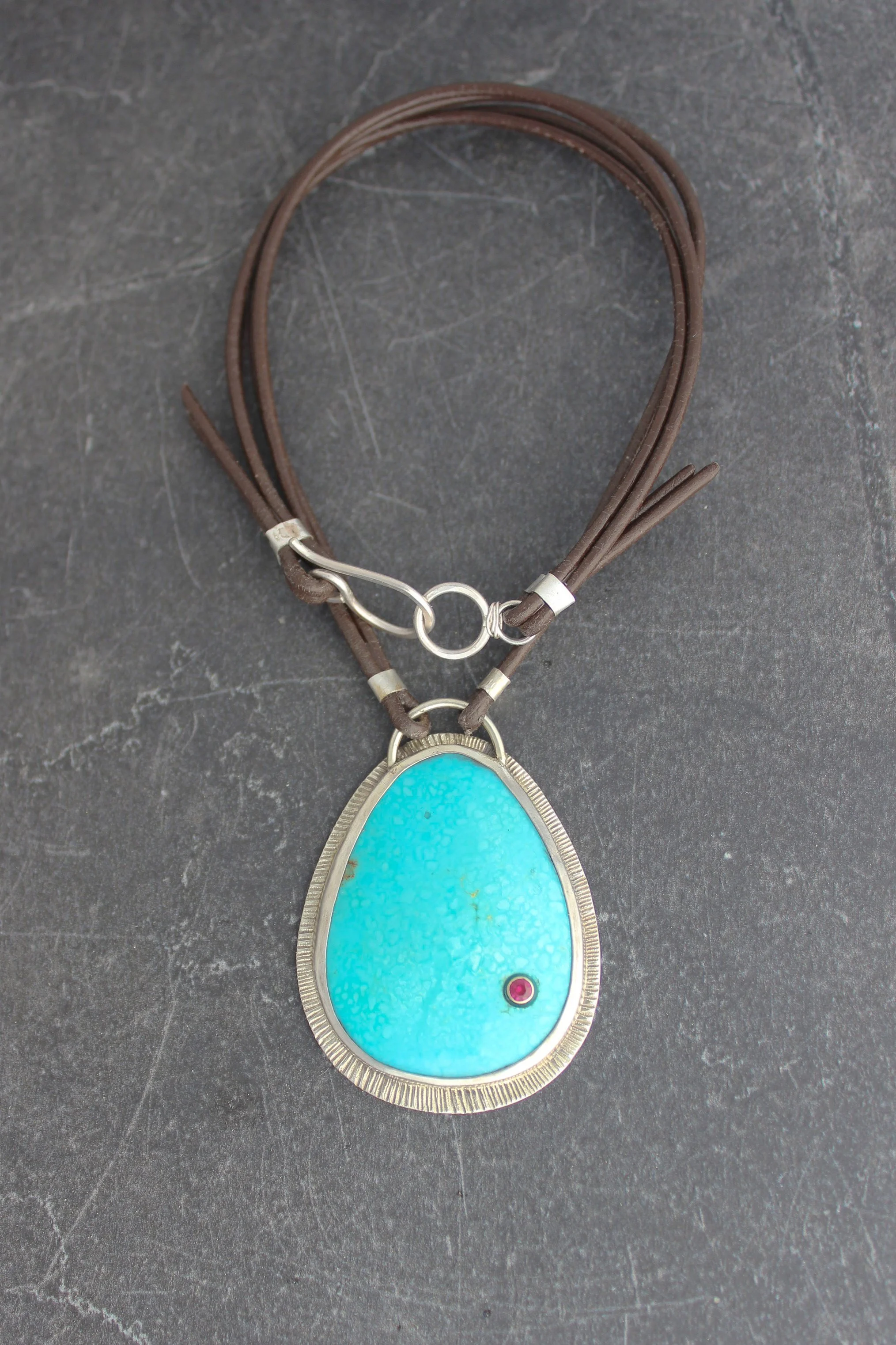 Medium Large Organic Shaped Turquoise Silver and Leather Necklace with Ruby