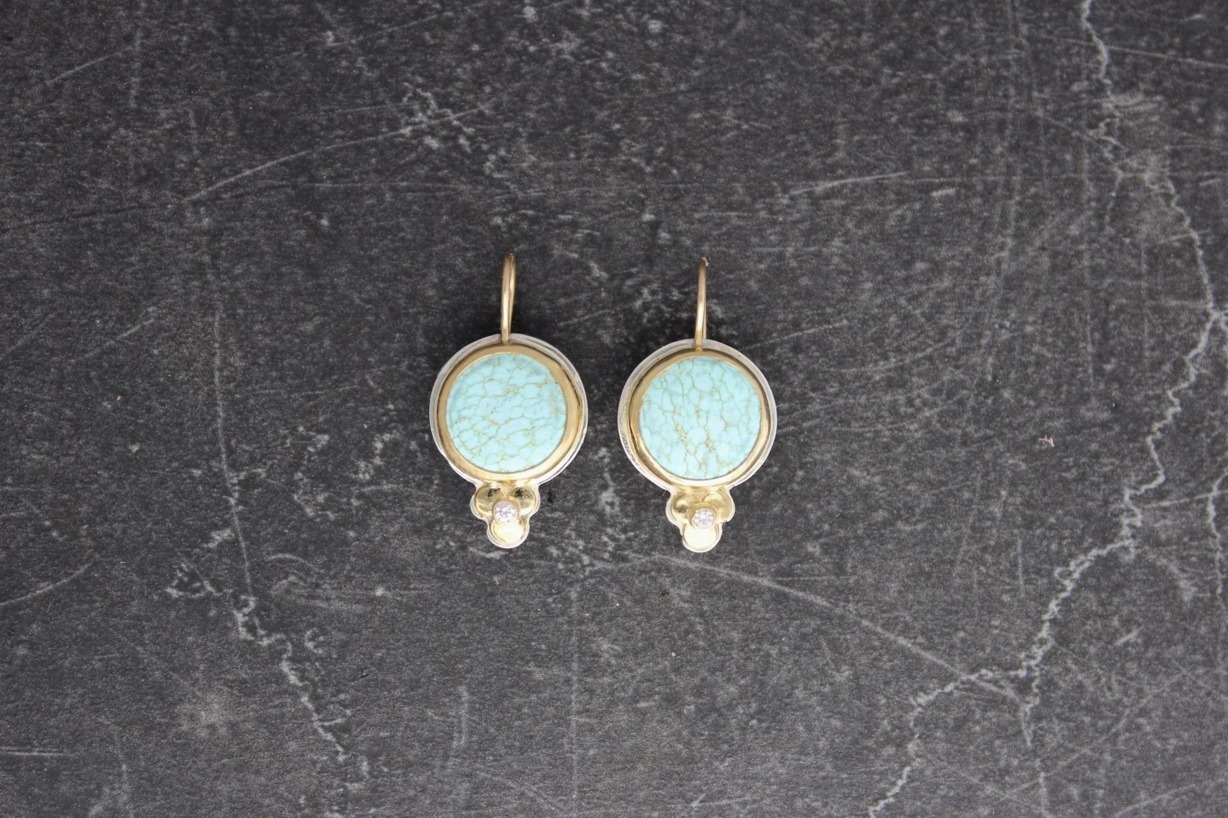 Round Turquoise Drop Earrings with Gold Trios and Diamonds