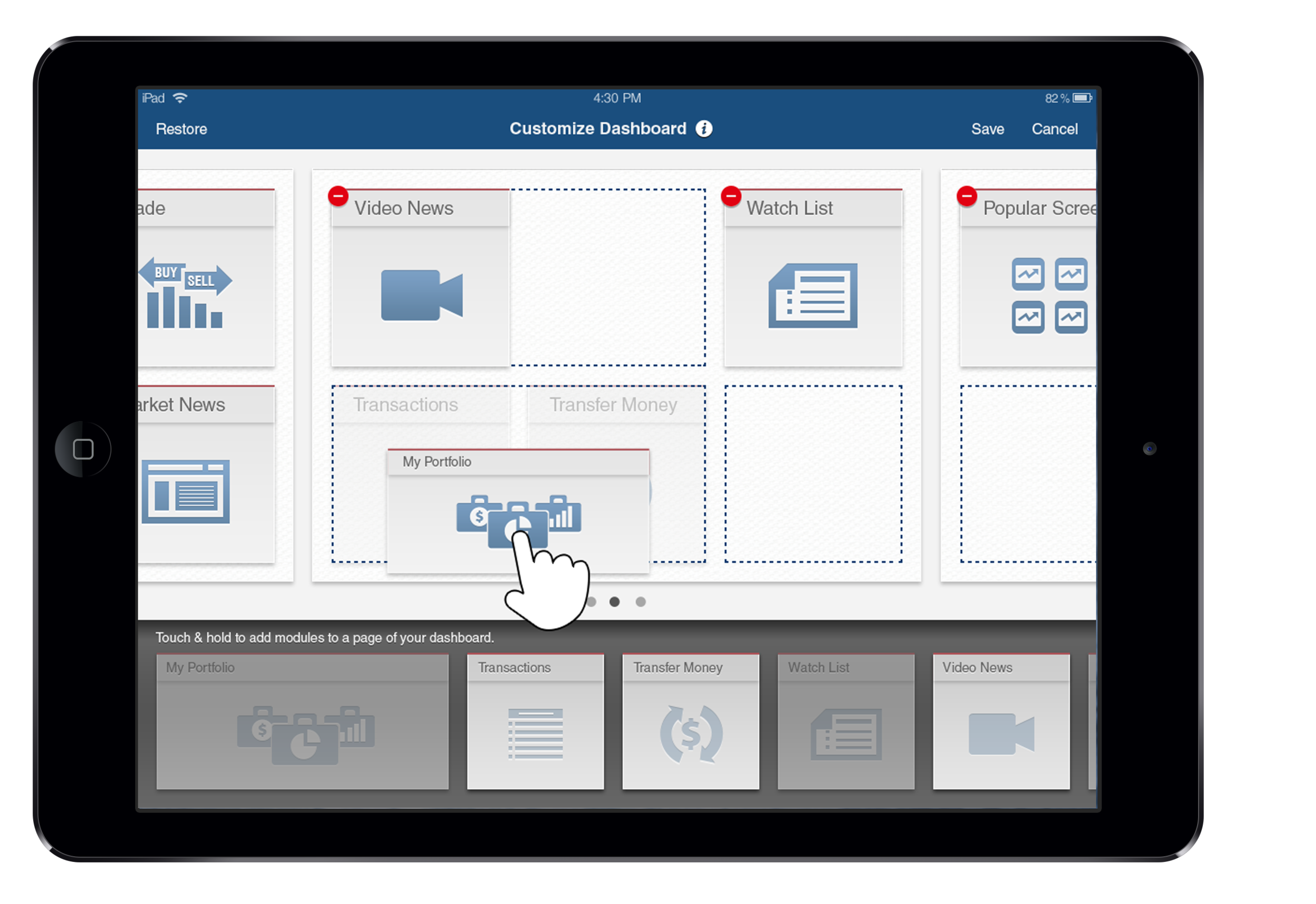 Dashboard customization modal screen