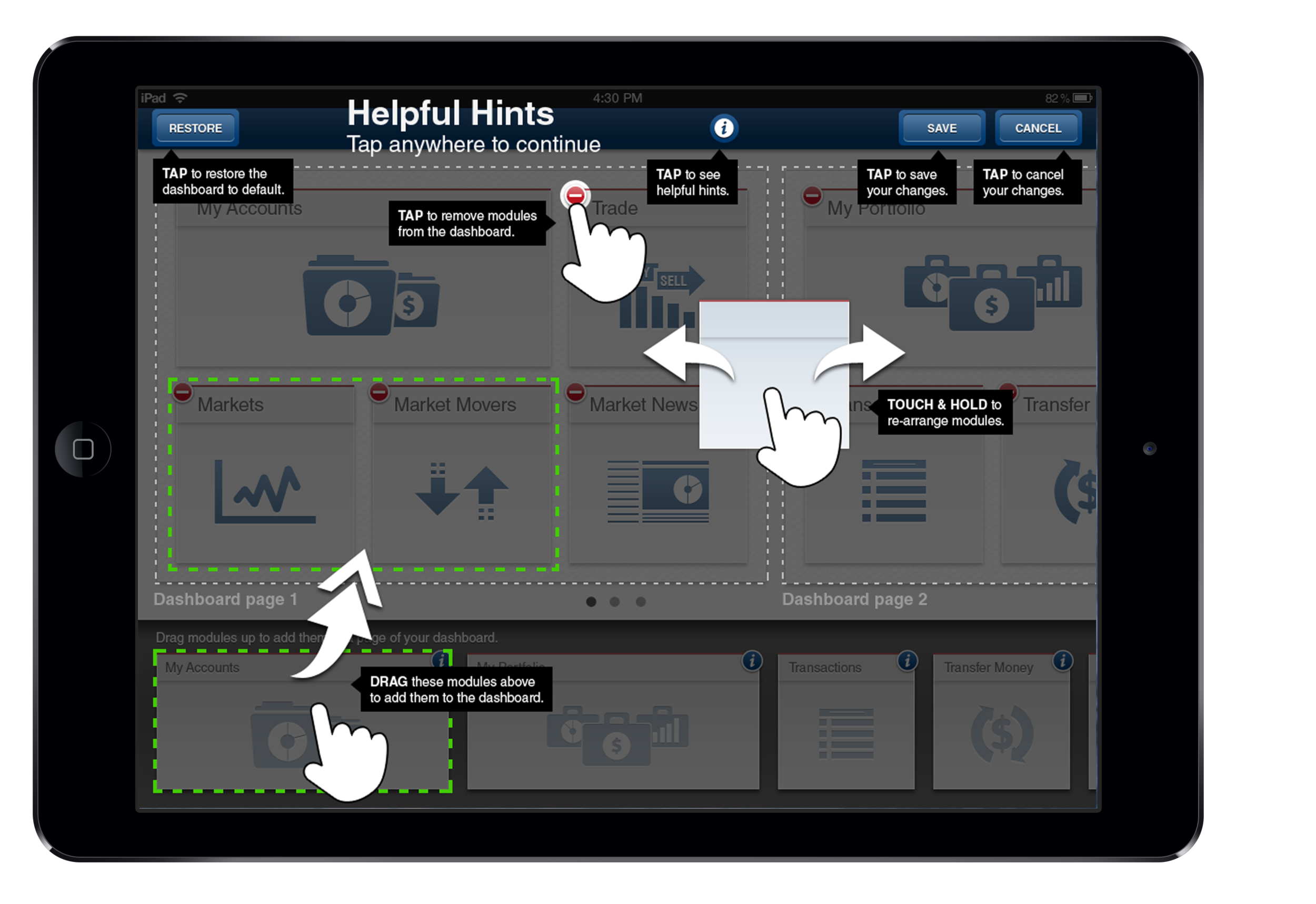 Dashboard customization "hints" screen modal
