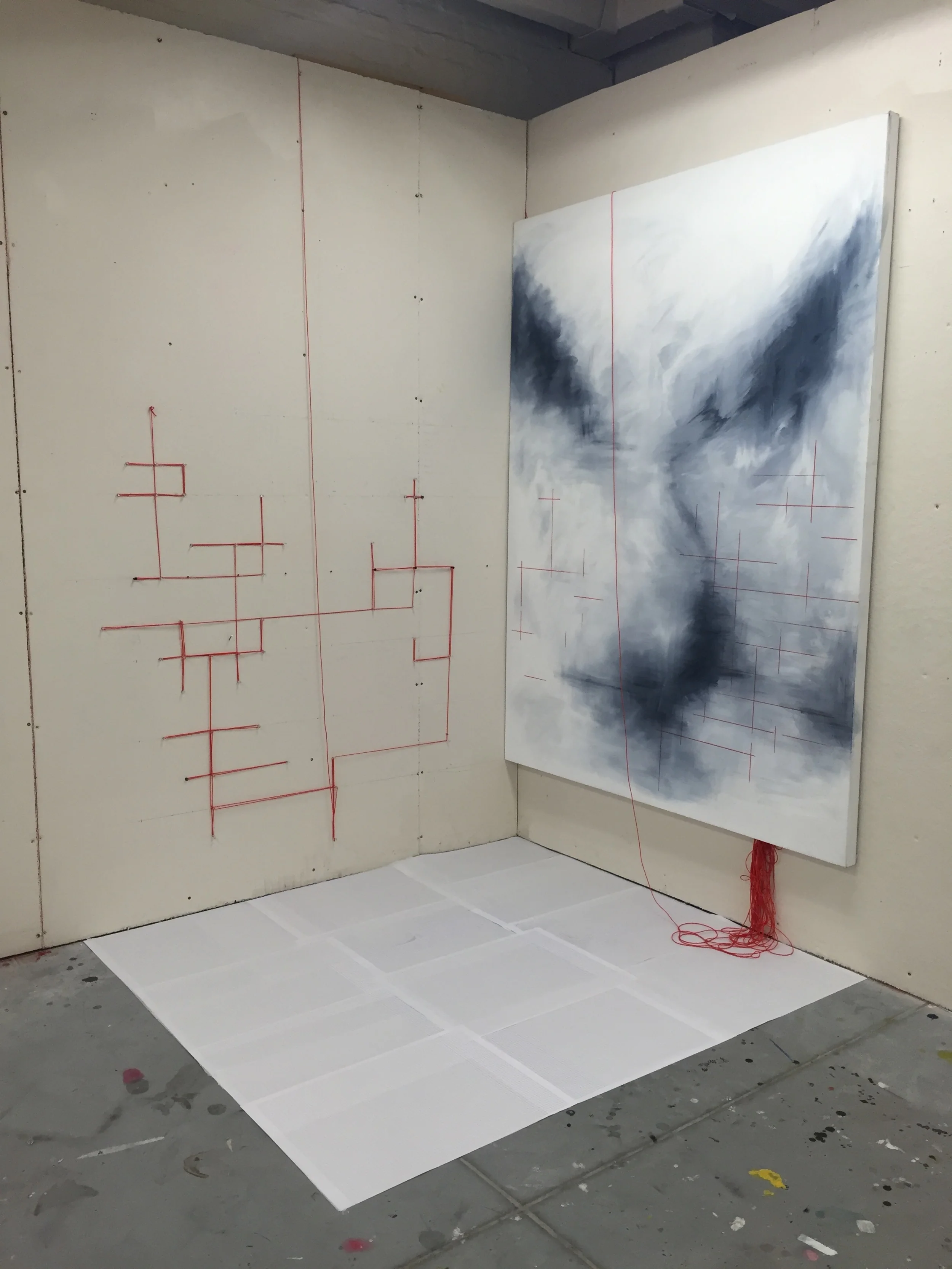  This painting alongside the work began a dialogue between the allographic drawing and painting. In considering these, I thought about reversing the process. The painting and red string installation is the beginning of an investigation of this idea. 