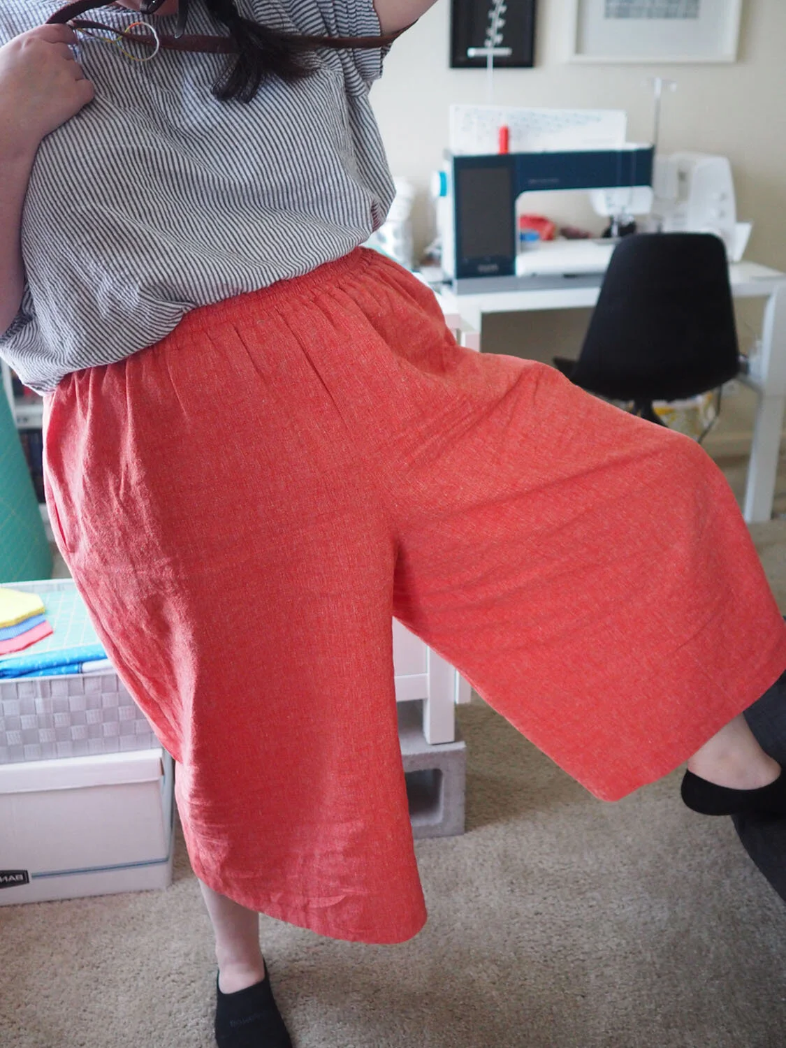 Front view of the finished culottes, with my leg raised 