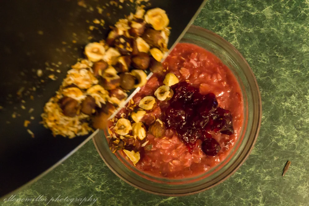 Cranberry Oats topped with toasted hazelnuts and coconut