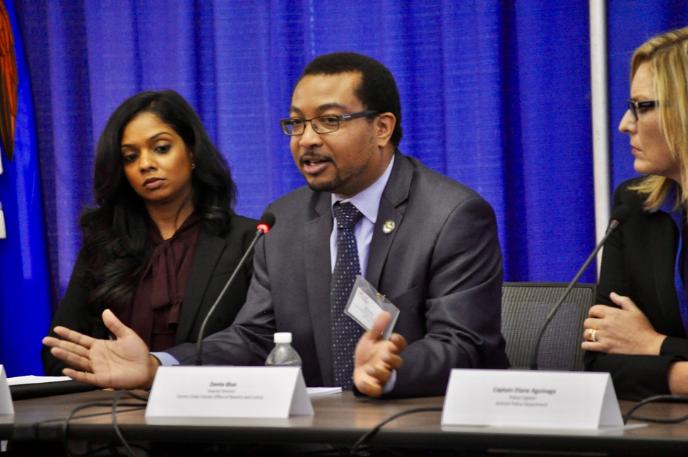 Donte Blue  (center), Deputy Director, Contra Costa County Office of Reentry and Justice, CA, with  Diane Aguinaga  (right) and  Priya Sarathy-Jones  (left)