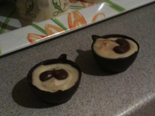 Mini chocolate cappuccinos that we bought at a chocolate fair.