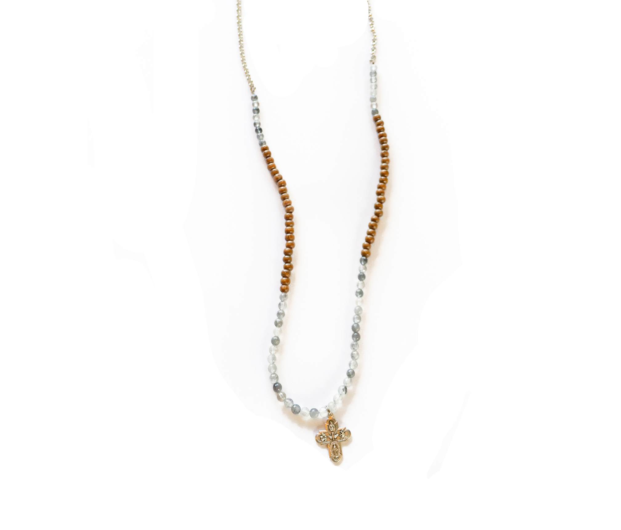 Quartz Wood Silver Cross Necklace 