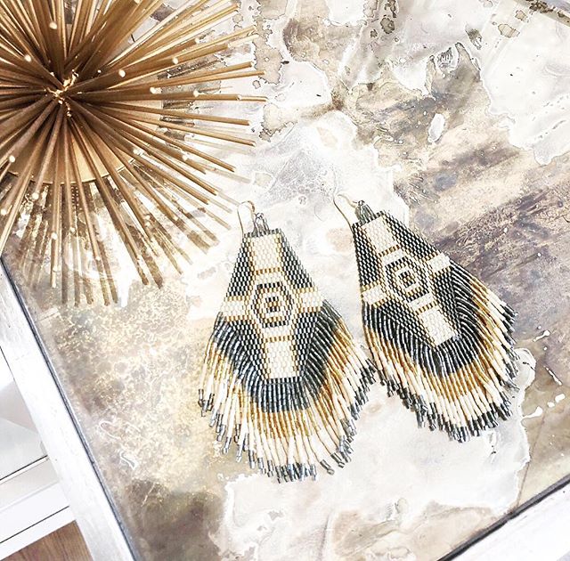 Everyone&rsquo;s favorite color in the Aztec Earrings are back in stock!!!!! They reflect grey and gold shimmery tones in the light ✨